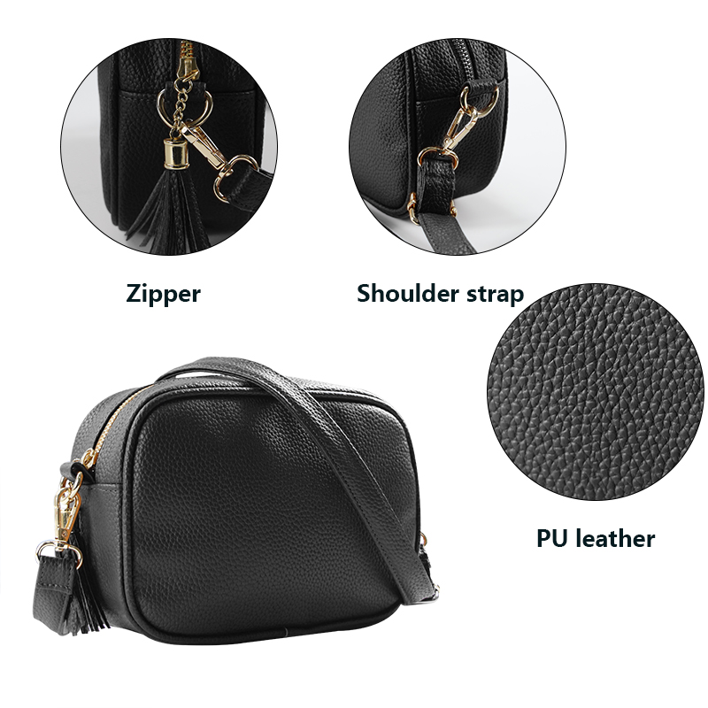 PU Leather Adjustable Shoulder Strap Zipper Black Crossbody Bag