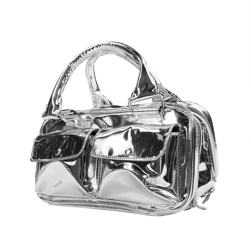 Silver pu leather polyester lining cosmetic tote bag