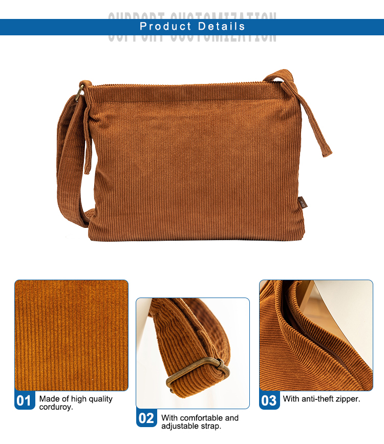 Corduroy adjustable shoulder strap crossbody bag