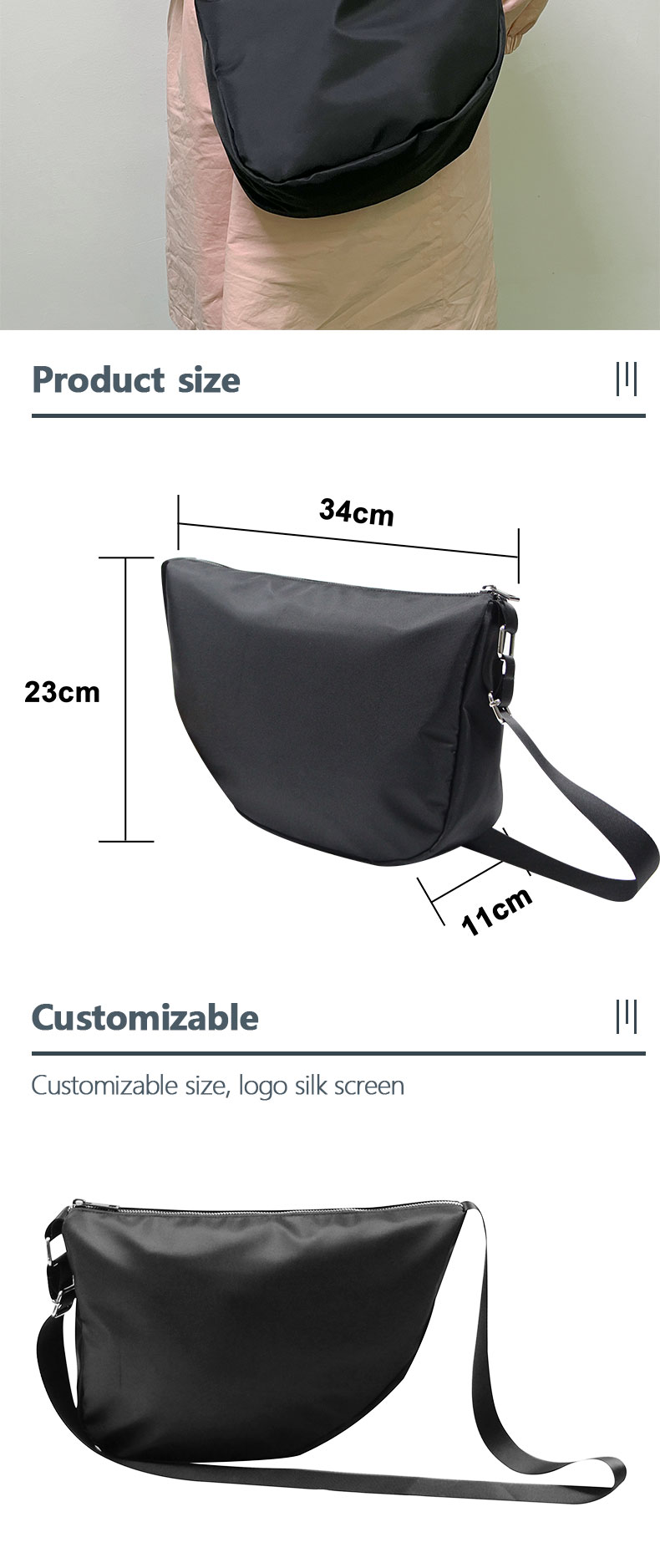 Custom Nylon Metal Zipper Crossbody Bag